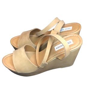 NWT Steven Madden Tan Khaki Sandals Open Toe Back Cross Straps Wide Wedge